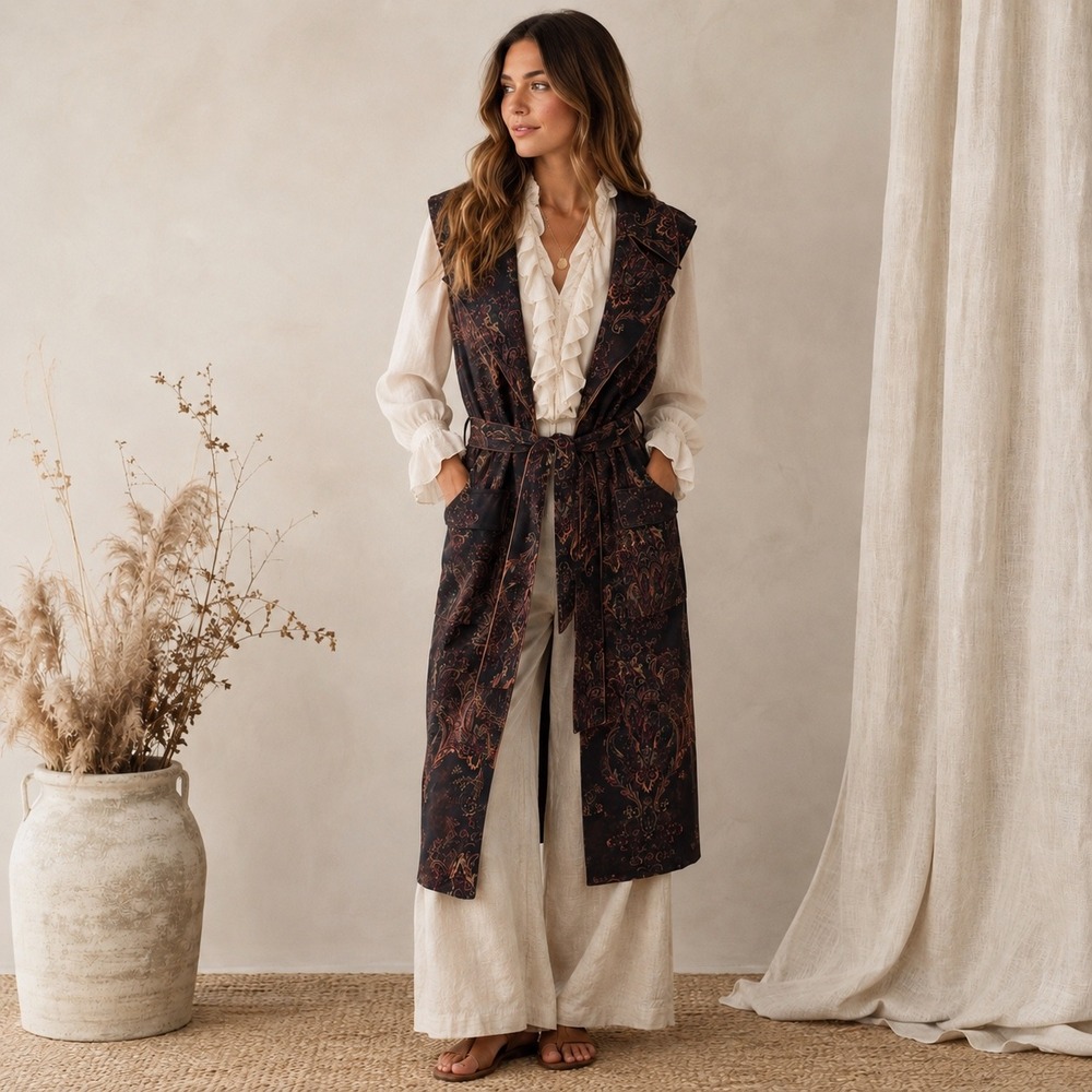 Solitaire Paisley Longline Duster Vest Womens Size M Black Belted Boho Chic